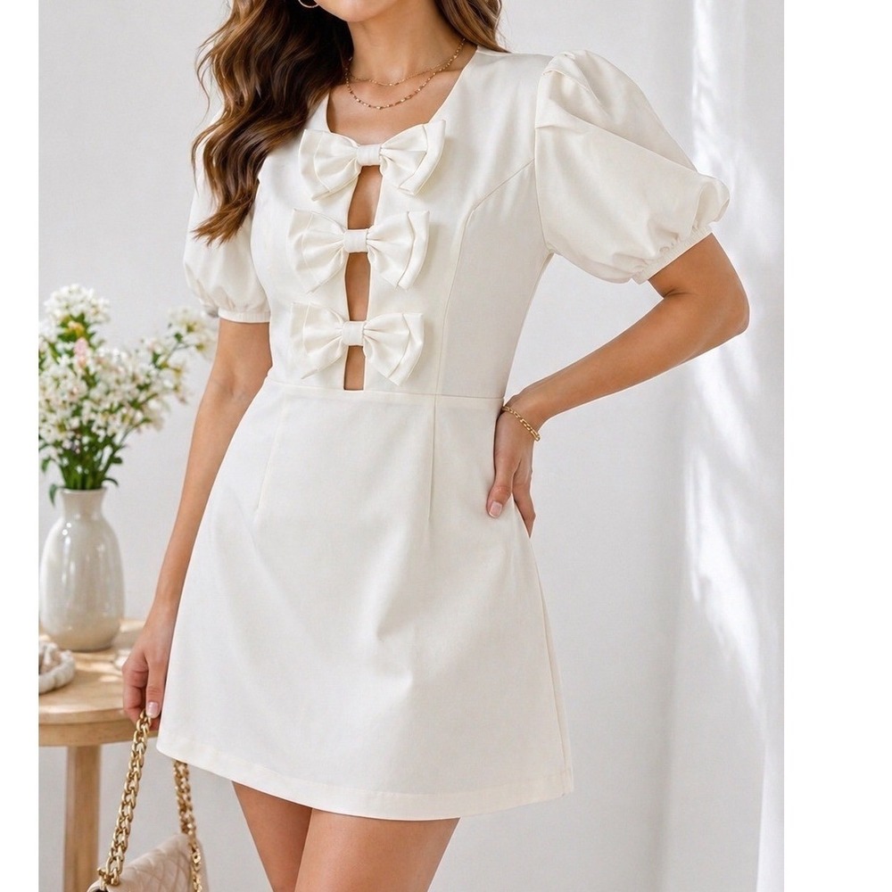 Mable Bow Front Mini Dress Puff Sleeve Ivory Coquette Bridal Shower Medium